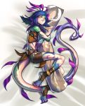  1girl bed blue_hair dakimakura estyy flower hair_flower hair_ornament league_of_legends lizard_girl lizard_tail multicolored_hair navel neeko_(league_of_legends) nidalee short_hair smile solo tail toeless_legwear yellow_eyes 