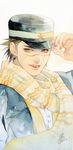  absurdres black_hair commentary facial_scar fingernails golden_kamuy hat hat_tip highres male_focus military military_uniform mouth_scar nose_scar parted_lips peaked_cap sata_hatoko scar scar_on_cheek scarf solo sugimoto_saichi teeth traditional_media uniform watercolor_(medium) yellow_eyes 