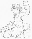  anthro bed blue_eyes caprine clothing ducky_(artist) dudders goat hi_res male mammal phone selfie shirt shorts solo tank_top teats udders 