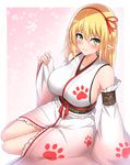  bangs blonde_hair blush breasts detached_sleeves elf embarrassed etan14 green_eyes hair_between_eyes hairband highres japanese_clothes kimono large_breasts long_hair long_sleeves looking_at_viewer maid_(etan14) obi original paw_print pointy_ears red_hairband sash sideboob sitting sleeves_past_wrists solo white_kimono wide_sleeves yokozuwari 