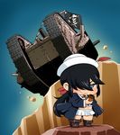  black_eyes black_hair caterpillar_tracks chibi commentary_request dixie_cup_hat flag girls_und_panzer ground_vehicle hat highres holding holding_pipe jolly_roger mark_iv_tank military military_hat military_vehicle motor_vehicle ogin_(girls_und_panzer) ooarai_naval_school_uniform pipe sailor_collar skirt skull_and_crossbones smug tank yunaka_(259808) 