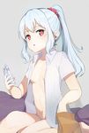  bottomless breasts cellphone highres long_hair looking_at_viewer naked_shirt navel no_bra open_clothes open_mouth open_shirt original phone pink_scrunchie ponytail red_eyes revision scrunchie sharpheon shirt silver_hair sitting small_breasts smartphone solo white_shirt 