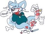 2016 3_toes anthro ball_gag blue_fur blush bone bottomless bound canine clothed clothing digital_drawing_(artwork) digital_media_(artwork) dismbodied_hands english_text eyes_closed feathers feet folf foot_fetish fox fur gag gagged group hindpaw hybrid laugh male mammal mana_(character) manaozyfolf paint paintbrush pawpads paws pink_pawpads simple_background solo_focus speech_bubble text tickle_torture tickling toes white_background wolf 
