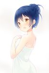  alternate_hairstyle bangs blue_hair blush commentary covering eyebrows_visible_through_hair hair_between_eyes hair_bun hitsukuya long_hair love_live! love_live!_school_idol_project naked_towel open_mouth solo sonoda_umi towel upper_body yellow_eyes 