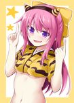  animal_print bow breasts commentary_request crop_top fang hair_bow hairband horns ichimi kamikaze_(kantai_collection) kantai_collection long_hair navel open_mouth pink_hair pointing pointing_up purple_eyes small_breasts solo tiger_print underboob upper_body yellow_bow 