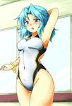  arm_behind_back black_swimsuit blue_eyes blue_hair blush breasts competition_swimsuit d-m_(dii_emu) highres hoop indoors kumoi_ichirin looking_at_viewer medium_breasts one-piece_swimsuit open_mouth short_hair smile solo swimsuit touhou two-tone_swimsuit white_swimsuit 
