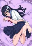  barefoot black_hair blue_sailor_collar blue_skirt feet flower frilled_pillow frills geregere_(lantern) green_eyes hair_flower hair_ornament legs_up long_hair long_skirt looking_at_viewer looking_back on_pillow pillow pleated_skirt sailor_collar sakugawa_school_uniform saten_ruiko school_uniform serafuku shiny shiny_hair short_sleeves skirt smile soles solo to_aru_kagaku_no_railgun to_aru_majutsu_no_index 