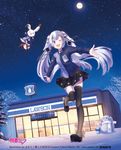  2018 :d artist_name blue_eyes blue_hair bunny character_name commentary_request convenience_store dutch_angle floating_hair full_body full_moon hair_ornament hairclip hatsune_miku lawson long_hair maou_(mischief2004) moon night one_eye_closed open_mouth outdoors outstretched_arms pleated_skirt scarf shop skirt sky smile snow snowman spread_arms star_(sky) starry_sky striped striped_legwear thighhighs tree twintails uniform vertical-striped_legwear vertical_stripes very_long_hair vocaloid yuki_miku yukine_(vocaloid) 