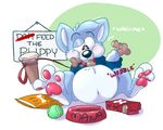  3_toes abstract_background anthro ball belly big_belly blue_fur blue_nose blush bottomless bowl canine clothed clothing collar digital_drawing_(artwork) digital_media_(artwork) dog_food eating feet folf food_bowl fox fur hybrid leash male mammal mana_(character) manaozyfolf overweight pawpads pink_pawpads red_collar simple_background solo tennis_ball text toes weight_gain wolf 
