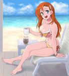  :d arm_support barefoot beach beach_chair bikini breasts cliana_rimskaya cloud coffee crossed_legs cup day feathers feet full_body green_eyes hair_feathers highres holding holding_cup large_breasts long_hair looking_at_viewer mug navel ocean open_mouth orange_hair shingyo side-tie_bikini sitting sky smile solo super_robot_wars super_robot_wars_destiny swimsuit wet yellow_bikini 