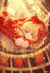  :d atdan blush breasts cleavage colosseum dress epaulettes fate/extra fate_(series) greaves green_eyes high_heels highres large_breasts looking_at_viewer nero_claudius_(fate) nero_claudius_(fate)_(all) open_mouth petals smile solo 