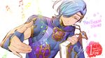  beamed_eighth_notes beamed_sixteenth_notes blue_hair book eighth_note fingerless_gloves fire_emblem fire_emblem_heroes fire_emblem_if gloves headpiece highres jewelry musical_note necklace shigure_(fire_emblem_if) skin_tight yellow_eyes yura 
