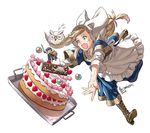  absurdres alfonse_(fire_emblem) anniversary apron bird blonde_hair boots cake feh_(fire_emblem_heroes) fire_emblem fire_emblem_heroes flying_sweatdrops food fruit green_eyes headwear heart highres icing kozaki_yuusuke long_hair open_mouth orb owl sharena signature simple_background strawberry sweatdrop tray tripping white_background 