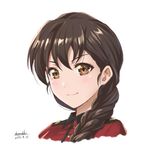  artist_name braid brown_eyes brown_hair closed_mouth dated epaulettes girls_und_panzer hair_over_shoulder jacket long_hair looking_at_viewer military military_uniform portrait red_jacket rukuriri shamakho signature simple_background single_braid smile solo st._gloriana's_military_uniform uniform white_background 