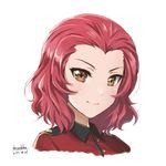  artist_name bangs brown_eyes closed_mouth dated epaulettes girls_und_panzer jacket looking_at_viewer military military_uniform parted_bangs portrait red_hair red_jacket rosehip shamakho short_hair signature simple_background smile solo st._gloriana's_military_uniform tsurime uniform white_background 
