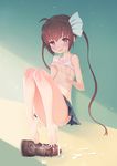  1girl barefoot blush breasts_outside brown_hair cum cum_on_lower_body fang feet footjob long_hair looking_at_viewer momochi_tamate open_mouth purple_eyes shirt_lift slow_start soles sweat toes twintails v 