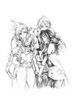 arm_warmers breasts cleavage cloud_strife crossover final_fantasy final_fantasy_vii graphite_(medium) greyscale highres long_hair medium_breasts monochrome multiple_boys multiple_girls rinoa_heartilly rinoaxyz short_hair sleeveless_duster small_breasts squall_leonhart traditional_media 