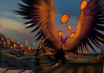  2017 absurd_res ambiguous_gender anthro avian brown_feathers crouching digital_media_(artwork) digital_painting_(artwork) feathered_wings feathers fire gryphon hi_res nude outside restricted_palette skyeder0 solo spread_wings wings 