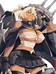  black_gloves blonde_hair breasts cape cleavage commentary_request cowboy_shot from_below glasses gloves kantai_collection large_breasts looking_at_viewer machinery manaka_(gunjooou) miniskirt musashi_(kantai_collection) partly_fingerless_gloves pleated_skirt red_eyes short_hair skirt solo standing tan thighhighs zettai_ryouiki 