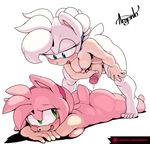  2018 amy_rose anthro argento balls blue_eyes breasts butt dickgirl duo eyelashes female green_eyes hair hedgehog hi_res humanoid_penis imminent_sex intersex lying mammal on_front open_mouth patreon penis pink_hair precum simple_background sonic_(series) sophie_(argento) white_hair 