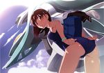  :&lt; absurdres adjusting_clothes adjusting_swimsuit ass bag bent_over blue_sky blue_swimsuit blush body_blush bow bow_panties bracelet breasts brown_eyes brown_hair brown_skirt closed_mouth clothes_removed cloud day eyebrows_visible_through_hair from_behind green_bracelet hair_ornament hairclip highres jewelry kamogawa_girls'_high_school_swimsuit kamogawa_girls'_high_school_uniform kyouno_madoka long_hair looking_at_viewer looking_back mecha medium_breasts non-web_source official_art one-piece_swimsuit outdoors panties pink_bow pleated_skirt rinne_no_lagrange sailor_collar school_bag school_swimsuit school_uniform shiny shiny_hair shiny_skin single_stripe skirt sky solo standing swimsuit underwear vox_aura watanabe_akio white_panties white_sailor_collar 