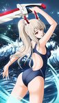  ass ayanami_(azur_lane) azur_lane backless_outfit blonde_hair blue_swimsuit commentary_request competition_swimsuit cowboy_shot from_behind headgear horizon long_hair looking_at_viewer looking_back ocean one-piece_swimsuit ponytail rakusai_(saisai_garou) red_eyes solo swimsuit sword water waves weapon 