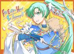  absurdres bow_(weapon) breastplate earrings fingerless_gloves fire_emblem fire_emblem:_rekka_no_ken fire_emblem_heroes flower gloves green_eyes green_hair highres huge_filesize jewelry long_hair looking_at_viewer lyndis_(fire_emblem) official_art ponytail weapon yamada_koutarou 