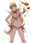  bikini blonde_hair collar emoji fire_emblem fire_emblem_heroes full_body green_eyes long_hair looking_at_viewer mayo_(becky2006) sharena simple_background smile speech_bubble swimsuit thumbs_up 