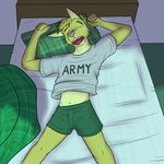  adam_(fuze) adam_caro anthro army bed bobcat boxers_(clothing) clothing feline fuze male mammal pillow sleeping texnatsu text underwear 