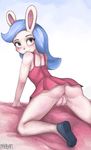  2018 absurd_res all_fours anthro blue_hair blush bottomless breasts butt clothed clothing digital_media_(artwork) dress ex_(welcome_to_doozy) eyelashes female fur grey_eyes hair hi_res lagomorph long_hair looking_at_viewer looking_back ma-cadam makeup mammal pose presenting presenting_hindquarters presenting_pussy pussy rabbit rear_view solo spread_legs spreading upskirt welcome_to_doozy white_fur 