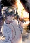  arm_behind_back bad_anatomy black_hair blood blood_on_breasts blood_on_face bloody_clothes blurry blurry_background bob_cut chain collar goggles goggles_on_head ground_vehicle gun holding holding_weapon ikezaki_misa kino kino_no_tabi looking_at_viewer motor_vehicle motorcycle navel no_bra open_clothes outdoors purple_eyes shirt short_hair weapon white_shirt 