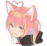  ahoge animal_ears cat_ears commentary_request eyebrows_visible_through_hair green_eyes hair_between_eyes hair_ornament hairband heart heart_ahoge heart_hair_ornament highres hood hood_down hoodie koyoi_mitsuki long_hair parted_lips pink_hair portrait rosia_(show_by_rock!!) show_by_rock!! simple_background smile solo upper_body white_background yellow_hairband 