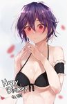  arm_garter bangs bare_shoulders bikini black_bikini blush breasts closed_mouth commentary_request english eyebrows_visible_through_hair hair_between_eyes hands_up highres hplay large_breasts looking_at_viewer mole mole_under_eye original red_eyes short_hair solo swimsuit wide-eyed 