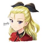  artist_name assam black_ribbon blonde_hair blue_eyes closed_mouth dated girls_und_panzer hair_pulled_back hair_ribbon jacket long_hair looking_at_viewer military military_uniform portrait red_jacket ribbon shamakho signature simple_background smile solo st._gloriana's_military_uniform tsurime uniform white_background 