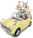  animal_ears black_eyes black_gloves black_hair black_neckwear blue_eyes blush bow bowtie breasts brown_hair car caracal_(kemono_friends) caracal_ears caracal_tail common_raccoon_(kemono_friends) driving elbow_gloves eyebrows_visible_through_hair fennec_(kemono_friends) glasses gloves green_hair grey_hair ground_vehicle highres kaban_(kemono_friends) kemono_friends license_plate long_hair looking_away medium_breasts mirai_(kemono_friends) motor_vehicle multicolored_hair multiple_girls open_mouth rear-view_mirror semi-rimless_eyewear serval_(kemono_friends) serval_ears short_hair short_sleeves smile sweeter_(h110111) two-tone_hair white_gloves 