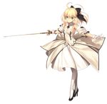  1girl ahoge armor armored_dress artoria_pendragon_(all) black_ribbon blonde_hair caliburn dress fate/grand_order fate/stay_night fate/unlimited_codes fate_(series) full_body gauntlets green_eyes highres holding holding_sword holding_weapon looking_at_viewer official_art ribbon saber saber_lily simple_background solo sword takeuchi_takashi transparent_background weapon white_dress 