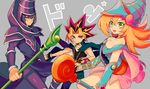  bare_shoulders blonde_hair blue_eyes breasts cleavage commentary_request dark_magician dark_magician_girl detached_sleeves duel_monster hat highres large_breasts long_hair multiple_boys nns146 smile yami_yuugi yuu-gi-ou yuu-gi-ou_duel_monsters 