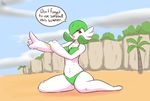  2017 beach bikini breasts cleavage cliff clothed clothing detailed_background dialogue digital_drawing_(artwork) digital_media_(artwork) english_text eyelashes female gardevoir green_hair hair hi_res humanoid immortalstar nintendo not_furry open_mouth palm_tree pok&eacute;mon pok&eacute;mon_(species) pok&eacute;morph red_eyes seaside solo speech_bubble swimsuit text tree video_games white_skin 