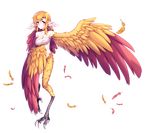  bandages blonde_hair breasts choker feathered_wings feathers full_body harpy long_hair medium_breasts monster_girl multicolored_hair naked_bandage original outstretched_arm red_feathers red_hair solo talons tattoo transparent_background two-tone_hair winged_arms wings yellow_eyes yellow_feathers yun_(outsidey) 