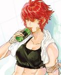  abs bandage_on_face bandaged_arm bandaged_hands bandages bottle breasts cleavage collarbone contemporary drinking fire_emblem fire_emblem_if hinoka_(fire_emblem_if) jyuv red_eyes red_hair short_hair sketch small_breasts solo sports_bra sweat towel towel_around_neck upper_body water_bottle 