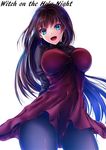  akeyama_kitsune aozaki_aoko arms_behind_back black_legwear blue_eyes breasts brown_hair commentary_request dress large_breasts long_hair looking_at_viewer mahou_tsukai_no_yoru open_mouth pantyhose red_dress simple_background smile solo text_focus white_background 