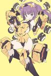  alice_gear_aegis armor bangs bare_shoulders black_gloves black_legwear blade_(galaxist) blush breasts commentary elbow_gloves eyebrows_visible_through_hair fang gloves gun handgun holding holding_gun holding_weapon horns ichijou_ayaka kneehighs leotard looking_at_viewer mecha_musume open_mouth pistol purple_eyes purple_hair small_breasts solo twintails weapon yellow yellow_background 