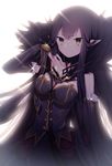  bare_shoulders black_dress black_hair breasts bridal_gauntlets cleavage commentary_request detached_sleeves dress fate/apocrypha fate/grand_order fate_(series) fur_trim highres large_breasts long_dress long_hair looking_at_viewer pointy_ears semiramis_(fate) smile solo spikes umeko_208 very_long_hair yellow_eyes 