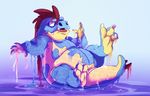  2016 4_fingers anthro belly big_belly claws crocodilian croconaw digital_drawing_(artwork) digital_media_(artwork) featureless_crotch feet konnestra male messy nintendo nude obese open_mouth overweight pok&eacute;mon pok&eacute;mon_(species) reptile scalie simple_background slime solo toe_claws toes video_games 