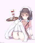  absurdres bangs blend_s brown_hair closed_mouth coffee collared_shirt cup eyebrows_visible_through_hair full_body gloves hair_ornament head_scarf highres holding holding_tray knees_together_feet_apart latte_art long_hair looking_at_viewer low_twintails no_shoes panties parfait pink_shirt pink_skirt pleated_skirt puffy_short_sleeves puffy_sleeves purple_background purple_eyes sakuranomiya_maika shaded_face shirt short_sleeves simple_background sitting skirt sobmarine solo spoon stile_uniform teacup thighhighs tray twintails twitter_username underwear uniform very_long_hair waitress white_gloves white_legwear white_panties 