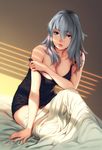  artist_name bed_sheet blue_eyes breasts cleavage commentary eyebrows_visible_through_hair feguimel hair_between_eyes indoors leaning_forward lips long_hair medium_breasts naked_shirt on_bed original parted_lips shirt silver_hair sitting solo strap_slip 