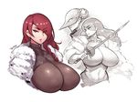  artemisia_(megami_tensei) bodysuit breasts commentary covered_navel drill_hair framed_breasts fur_trim hair_over_one_eye huge_breasts kirijou_mitsuru lips lipstick long_hair makeup persona persona_3 persona_4:_the_ultimate_in_mayonaka_arena rapier red_eyes red_hair signature simple_background sword weapon white_background zako_(arvinry) 