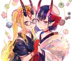  bob_cut commentary_request facial_mark fate/grand_order fate_(series) fingernails fuji_choko glasses highres holding_hands horns ibaraki_douji_(fate/grand_order) japanese_clothes kimono multiple_girls oni oni_horns pointy_ears purple_hair sharp_fingernails shuten_douji_(fate/grand_order) tattoo yellow_eyes 