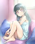  bangs barefoot bloom blue_hair blunt_bangs camisole commentary_request couch crossed_legs full_body hair_down hands_together head_tilt highres knees_up long_hair looking_at_viewer love_live! love_live!_sunshine!! morning nail_polish open_mouth pillow purple_eyes sitting solo takenoko_no_you tsushima_yoshiko 