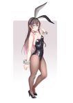  alternate_costume animal_ears black_leotard blush breasts brown_hair brown_legwear bunny_ears bunny_tail bunnysuit closed_mouth contrapposto detached_collar fake_animal_ears fake_tail full_body glasses gradient gradient_background green_eyes hand_up highres kantai_collection leotard long_hair looking_at_viewer medium_breasts ooyodo_(kantai_collection) pantyhose purple_background solo standing tail wrist_cuffs yuuji_(and) 